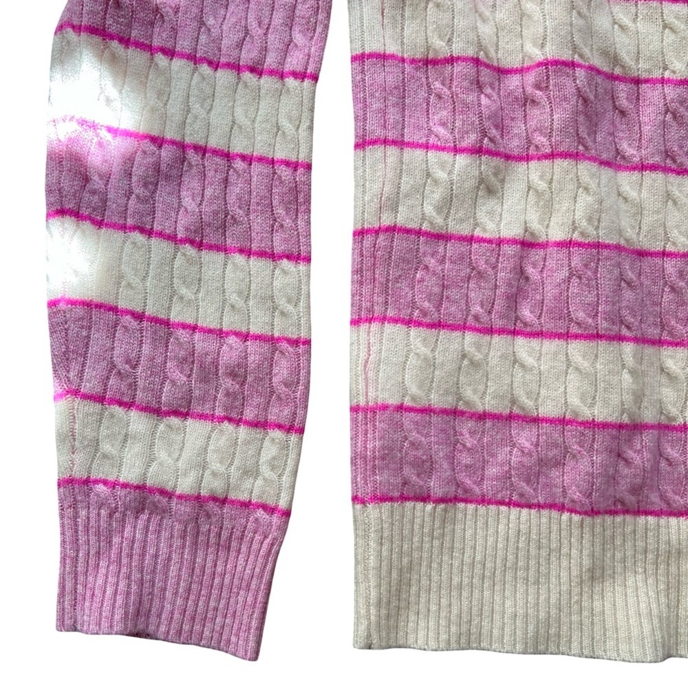 J.Crew Cable-knit Cashmere Crewneck Sweater Pink White Stripe Shoulder Buttons M - Picture 7 of 8